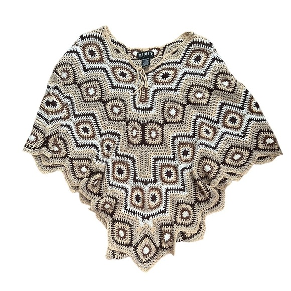 Crochet Brown & Cream Poncho Boho Knit - Picture 2 of 7